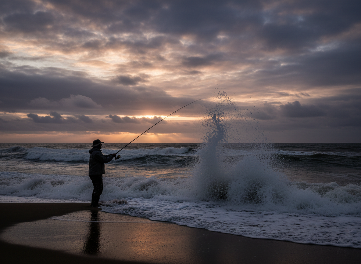 Angler surfcasting into breaking waves along the New Jersey coast at dawn
