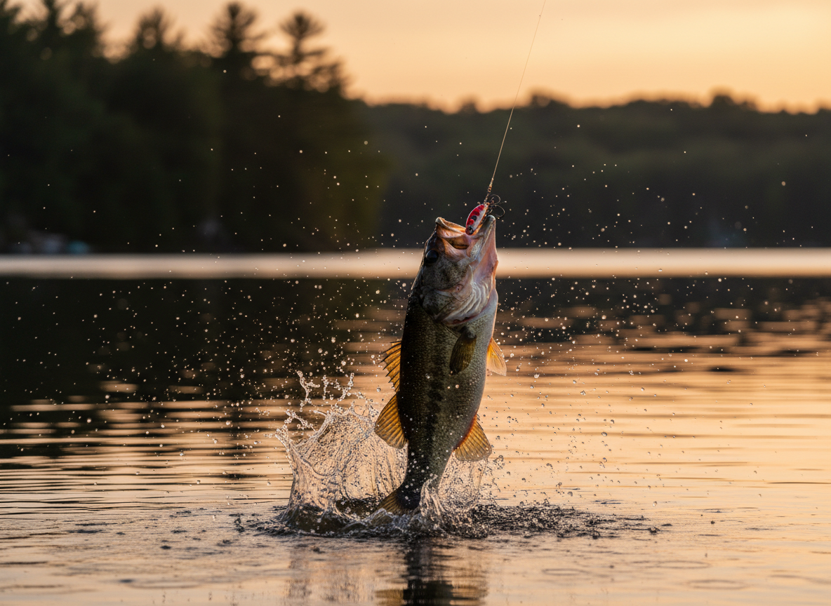 Largemouth bass breaking the surface of a New Jersey lake at golden hour